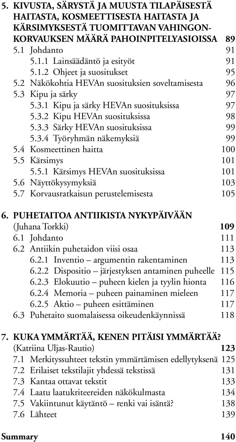 3.4 Työryhmän näkemyksiä 99 5.4 Kosmeettinen haitta 100 5.5 Kärsimys 101 5.5.1 Kärsimys HEVAn suosituksissa 101 5.6 Näyttökysymyksiä 103 5.7 Korvausratkaisun perustelemisesta 105 6.