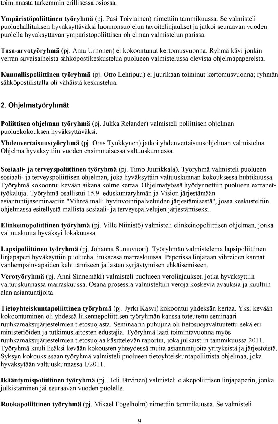 Tasa-arvotyöryhmä (pj. Amu Urhonen) ei kokoontunut kertomusvuonna. Ryhmä kävi jonkin verran suvaisaiheista sähköpostikeskustelua puolueen valmistelussa olevista ohjelmapapereista.