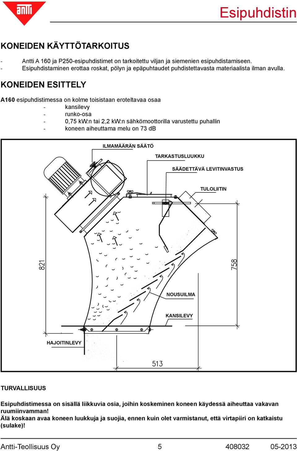 KONEIDEN ESITTELY A160 esipuhdistimessa on kolme toisistaan eroteltavaa osaa - kansilevy - runko-osa - 0,75 kw:n tai 2,2 kw:n sähkömoottorilla varustettu puhallin - koneen aiheuttama melu on 73 db