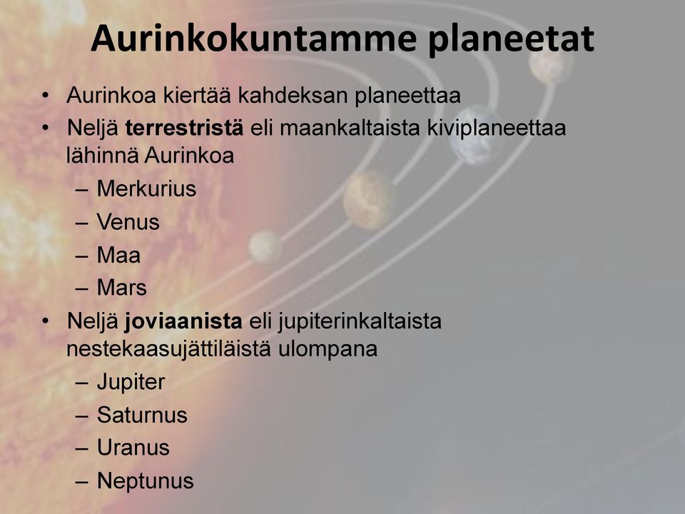 Aurinkoa Merkurius Venus Maa Mars Neljä joviaanista eli