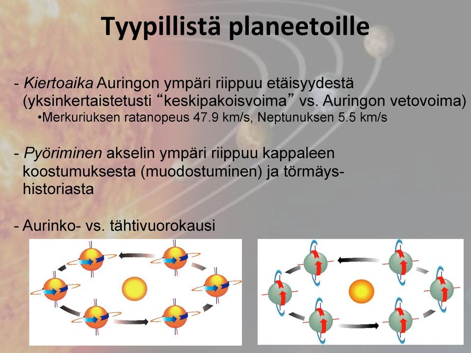 Auringon vetovoima) Merkuriuksen ratanopeus 47.9 km/s, Neptunuksen 5.