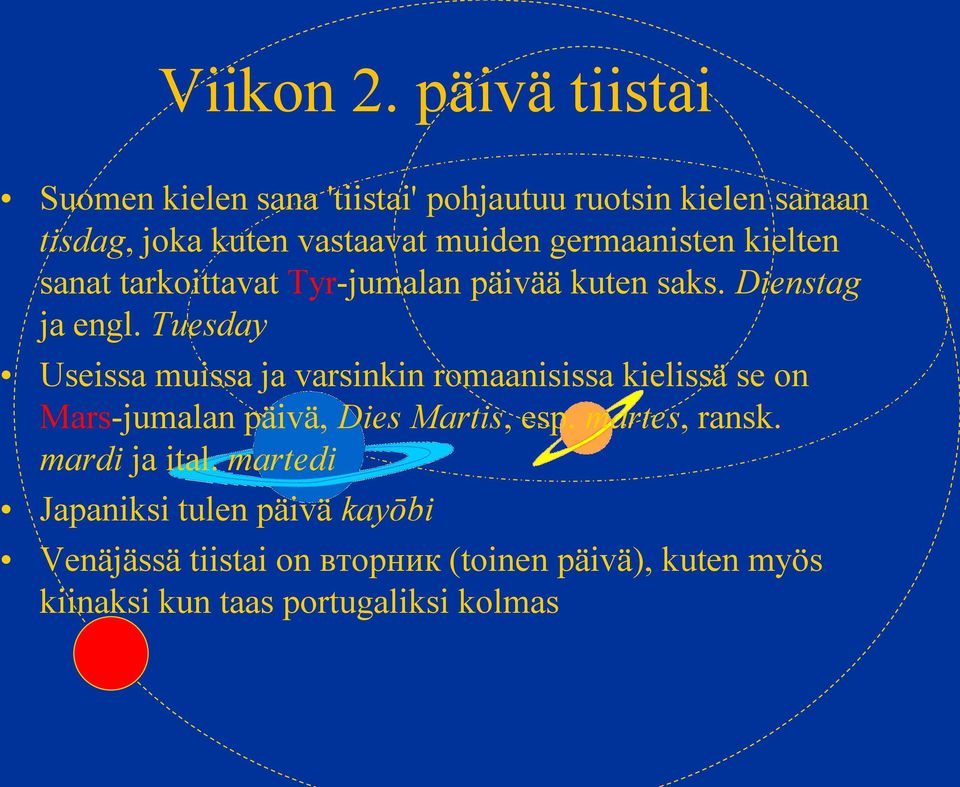 germaanisten kielten sanat tarkoittavat Tyr-jumalan päivää kuten saks. Dienstag ja engl.