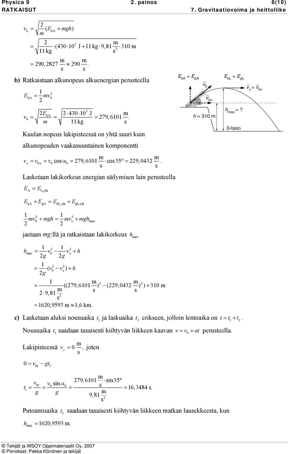 Laketaan lakikokeu enegian äilyien lain peuteella E = E L,ylä Ek + Ep = EkL,ylä + EpL,ylä + gh = + gh x ax jaetaan g:llä ja atkaitaan lakikokeu h ax hax = x + h g g ( = x ) + h g = + 9,8 = 6,959,6 k.