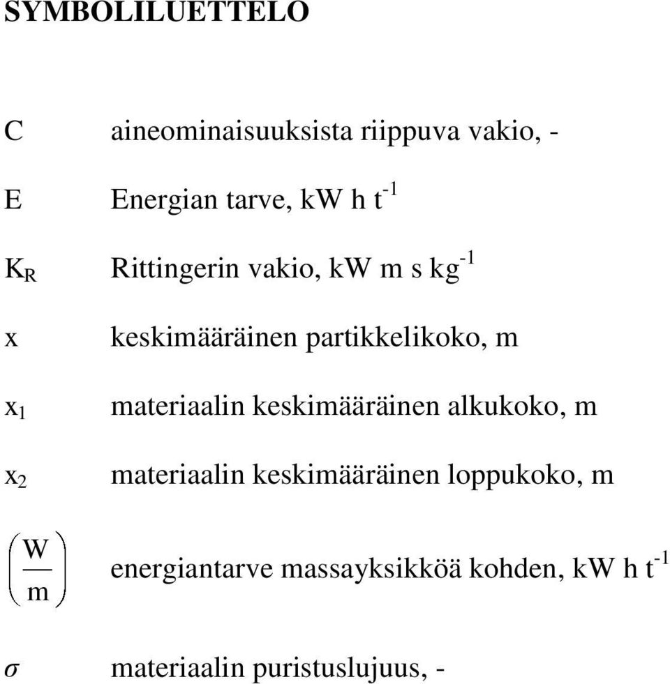 m materiaalin keskimääräinen alkukoko, m materiaalin keskimääräinen loppukoko, m