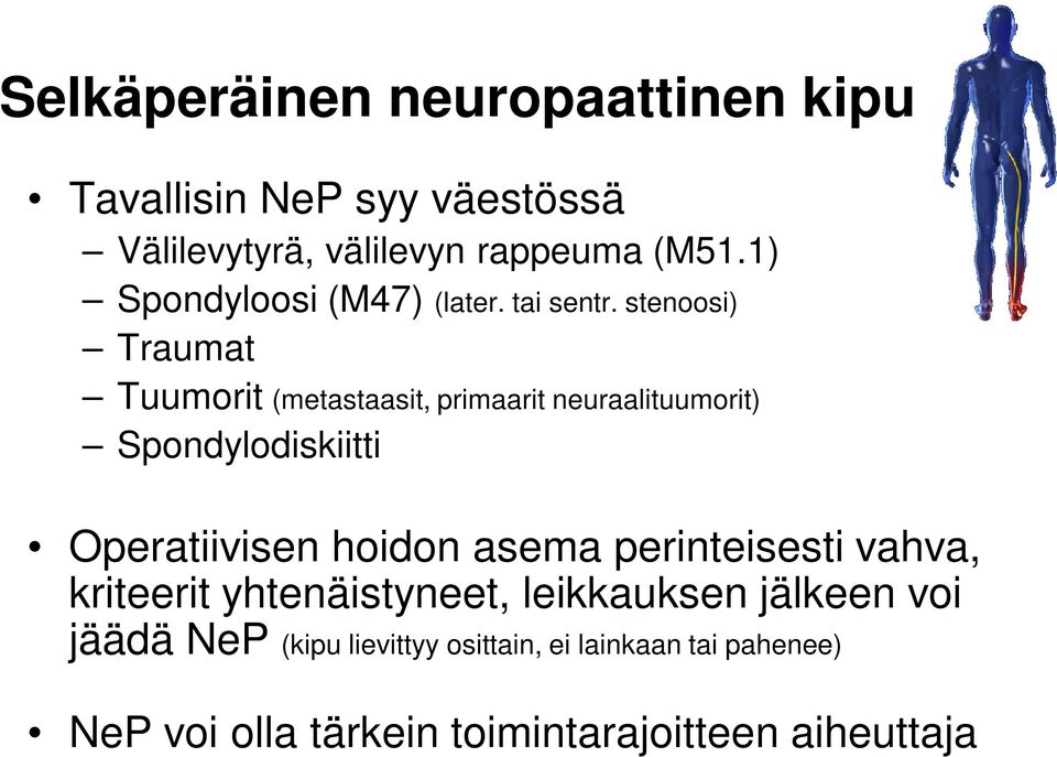 stenoosi) Traumat Tuumorit (metastaasit, primaarit neuraalituumorit) Spondylodiskiitti Operatiivisen hoidon