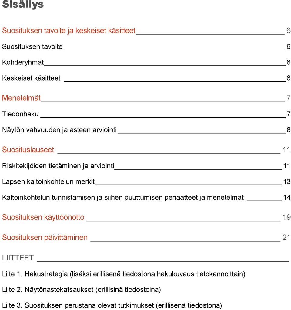 puuttumisen periaatteet ja menetelmät 14 Suosituksen käyttöönotto 19 Suosituksen päivittäminen 21 LIITTEET Liite 1.