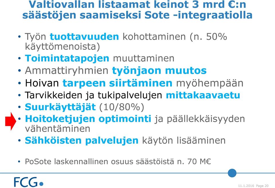 myöhempään Tarvikkeiden ja tukipalvelujen mittakaavaetu Suurkäyttäjät (10/80%) Hoitoketjujen optimointi ja