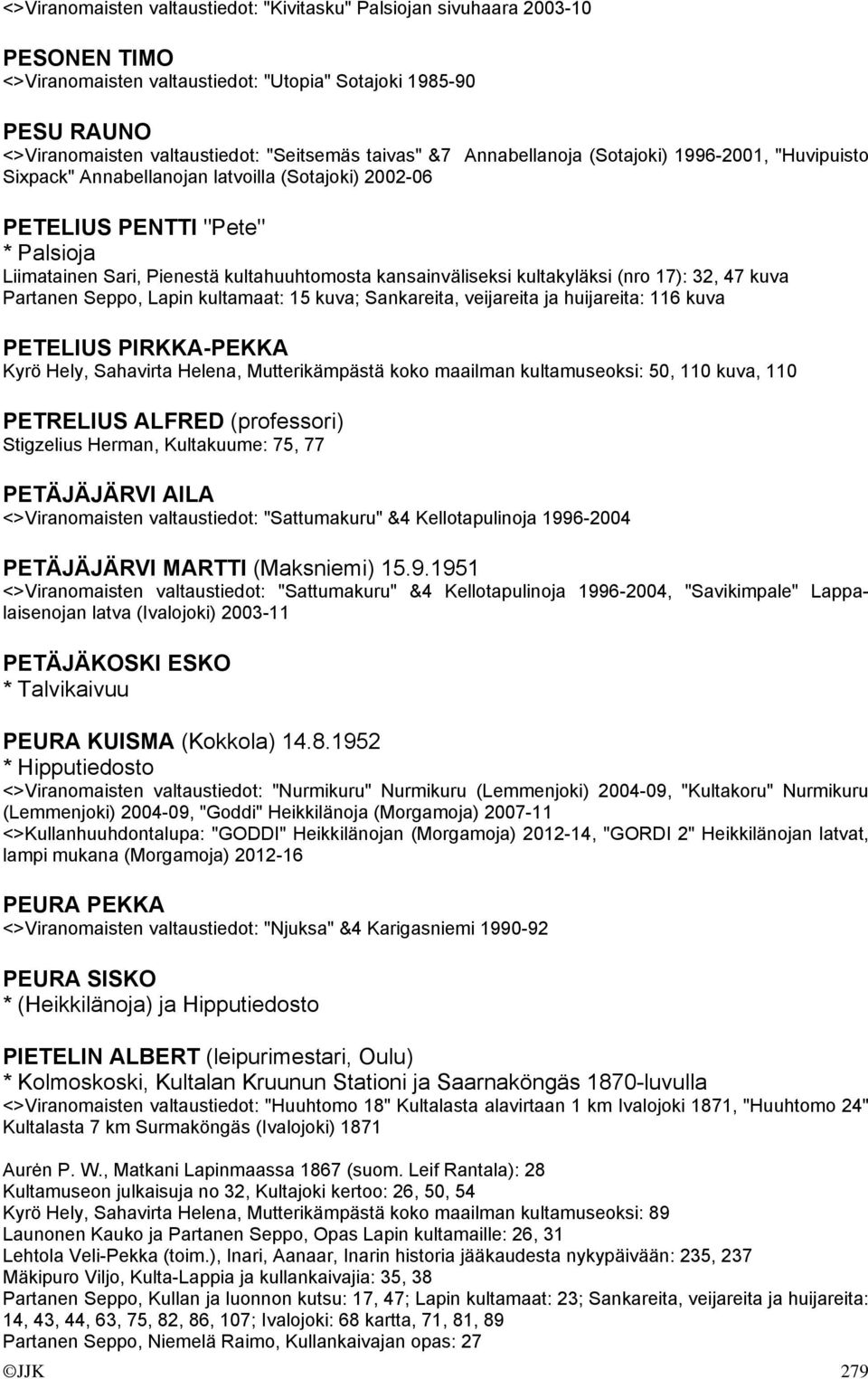 kansainväliseksi kultakyläksi (nro 17): 32, 47 kuva Partanen Seppo, Lapin kultamaat: 15 kuva; Sankareita, veijareita ja huijareita: 116 kuva PETELIUS PIRKKA-PEKKA Kyrö Hely, Sahavirta Helena,