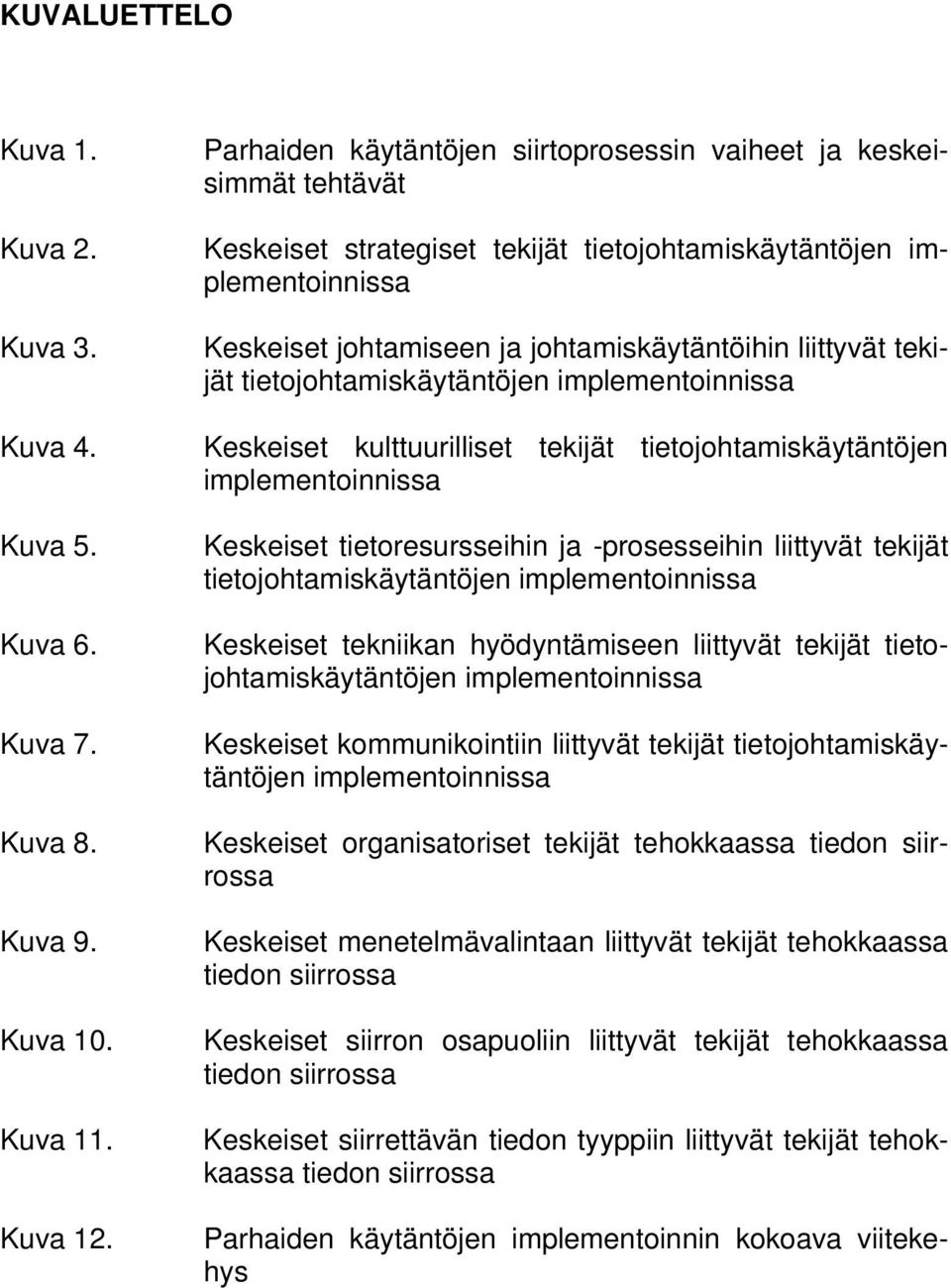 tekijät tietojohtamiskäytäntöjen implementoinnissa Keskeiset kulttuurilliset tekijät tietojohtamiskäytäntöjen implementoinnissa Keskeiset tietoresursseihin ja -prosesseihin liittyvät tekijät