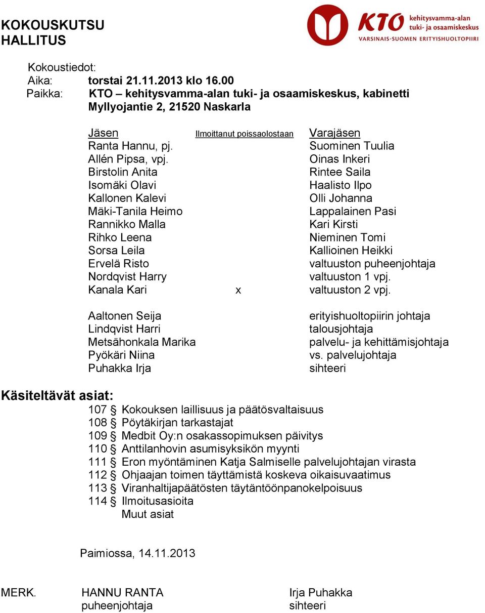 Oinas Inkeri Birstolin Anita Rintee Saila Isomäki Olavi Haalisto Ilpo Kallonen Kalevi Olli Johanna Mäki-Tanila Heimo Lappalainen Pasi Rannikko Malla Kari Kirsti Rihko Leena Nieminen Tomi Sorsa Leila