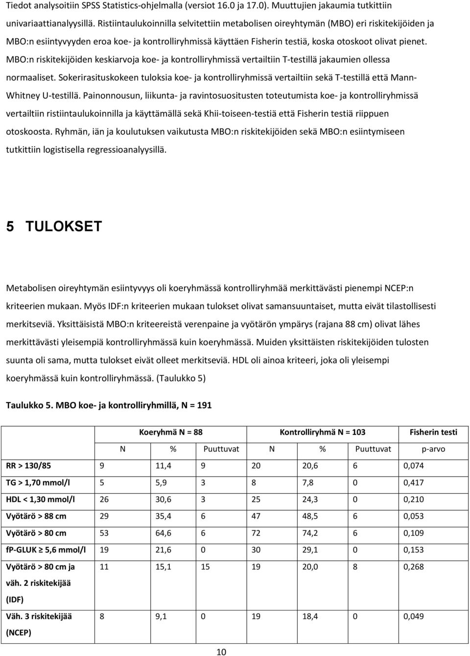 MBO:n riskitekijöiden keskiarvoja koe- ja kontrolliryhmissä vertailtiin T-testillä jakaumien ollessa normaaliset.