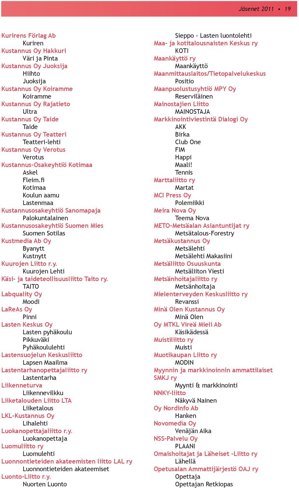 fi Kotimaa Koulun aamu Lastenmaa Kustannusosakeyhtiö Sanomapaja Palokuntalainen Kustannusosakeyhtiö Suomen Mies Suomen Sotilas Kustmedia Ab Oy Byanytt Kustnytt Kuurojen Liitto r.y. Kuurojen Lehti Käsi- ja taideteollisuusliitto Taito ry.