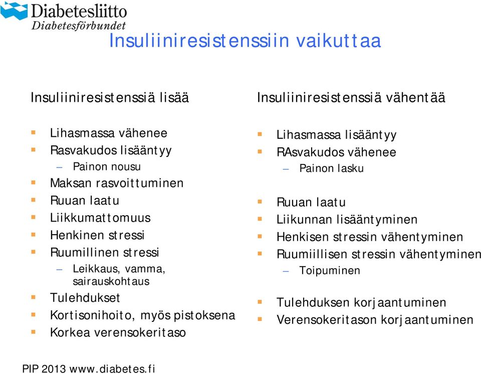 pistoksena Korkea verensokeritaso Insuliiniresistenssiä vähentää Lihasmassa lisääntyy RAsvakudos vähenee Painon lasku Ruuan laatu