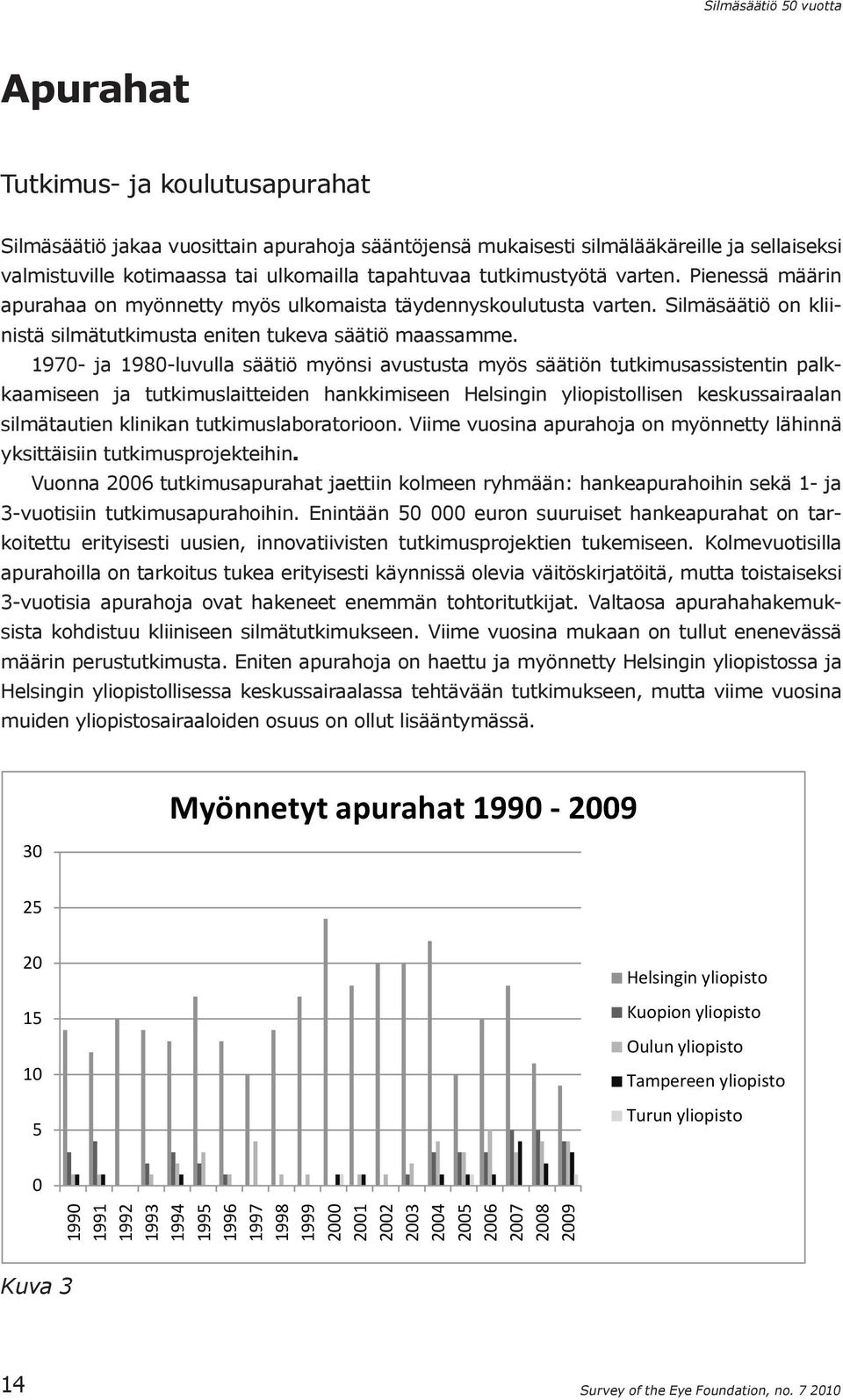 1970 ja 1980 luvulla säätiö myönsi avustusta myös säätiön tutkimusassistentin palkkaamiseen ja tutkimuslaitteiden hankkimiseen Helsingin yliopistollisen keskussairaalan silmä tautien klinikan