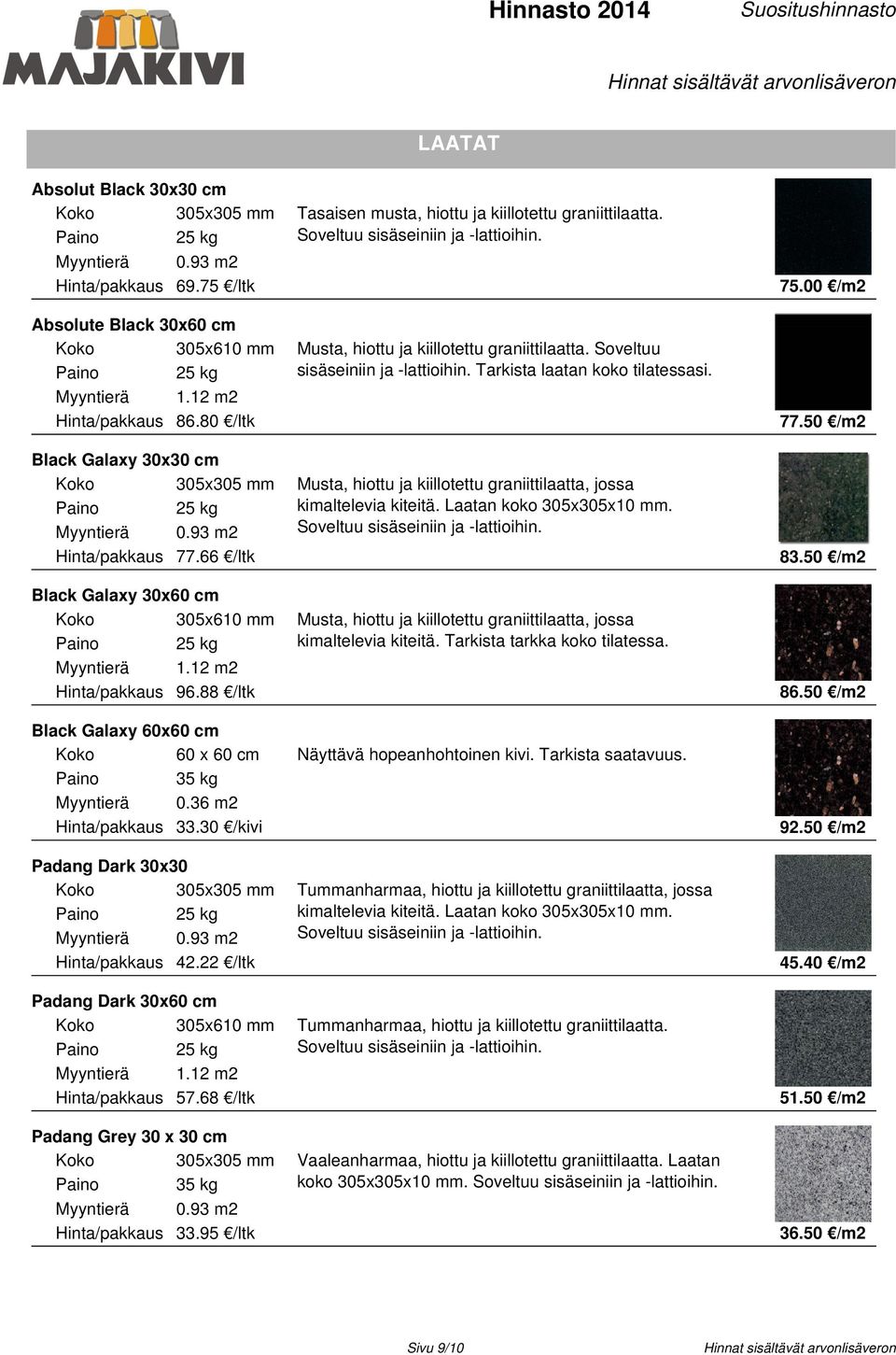 95 /ltk Tasaisen musta, hiottu ja kiillotettu graniittilaatta. Soveltuu 75.00 /m2 Musta, hiottu ja kiillotettu graniittilaatta. Soveltuu Tarkista laatan koko tilatessasi. 77.