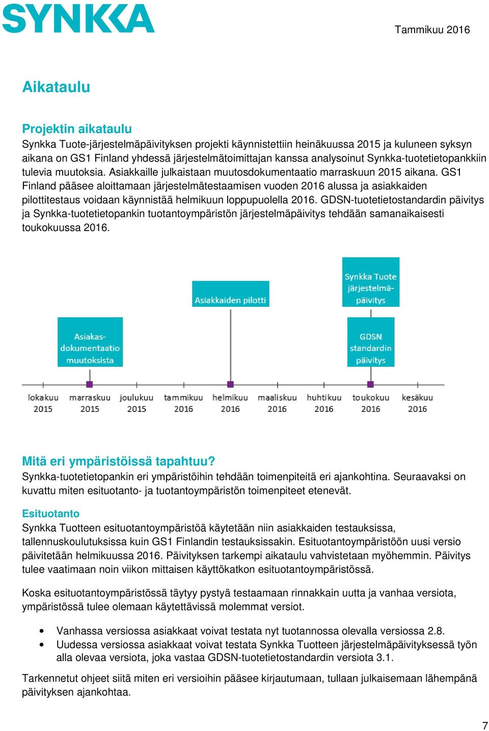 GS1 Finland pääsee aloittamaan järjestelmätestaamisen vuoden 2016 alussa ja asiakkaiden pilottitestaus voidaan käynnistää helmikuun loppupuolella 2016.