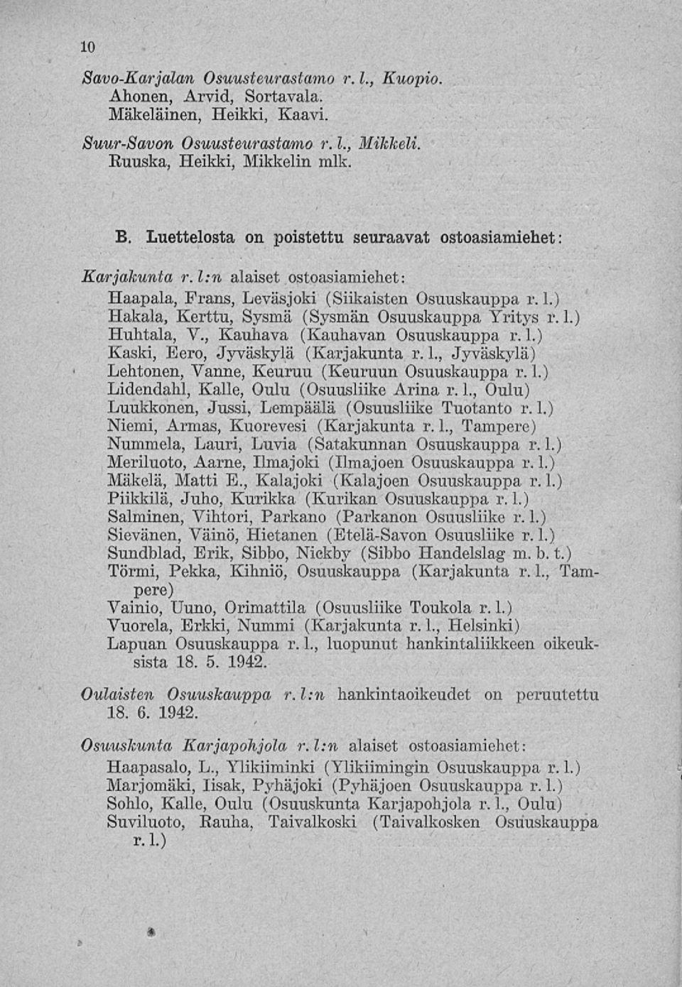 1.) Huhtala, V., Kauhava (Kauhavan Osuuskauppa r. 1.) Kaski, Eero, Jyväskylä (Karjakunta r. L, Jyväskylä) Lehtonen, Vanne, Keuruu (Keuruun Osuuskauppa r. 1.) Lidendahl, Kalle, Oulu (Osuusliike Arina r.