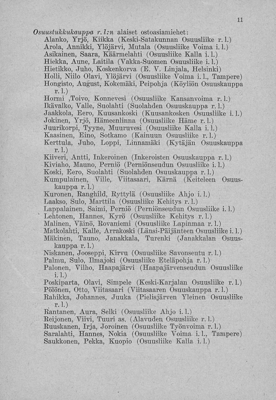1.) Hormi,Toivo, Konnevesi (Osuusliike Kansanvoima r.1.) Ikävalko, Valle, Suolahti (Suolahden Osuuskauppa r. 1.) Jaakkola, Eero, Kuusankoski (Kuusankosken Osuusliike i. 1.) Jokinen, Yrjö, Hämeenlinna (Osuusliike Häme r.