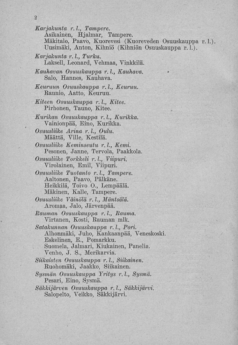 Pirhonen, Tauno, Kitee. Kurikan Osuuskauppa r. 1., Kurikka. Vainionpää, Eino, Kurikka. Osuusliike Arina r. 1., Oulu. Määttä, Ville, Kestilä. Osuusliike Keminseutu r. 1., Kemi.