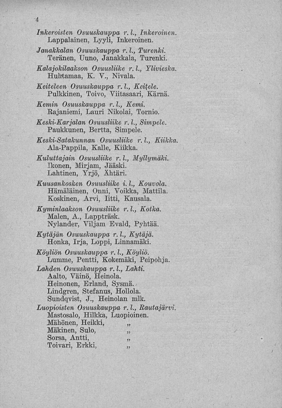 Paukkunen, Bertta, Simpele. Keski-Satakunnan Osuusliike r. 1., Kiikka. Ala-Pappila, Kalle, Kiikka. Kuluttajain Osuusliike r. 1., Myllymäki. Ikonen, Mirjam, Jääski. Lahtinen, Yrjö, Ähtäri.