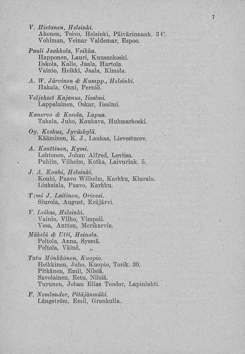 Takala, Juho, Kauhava, Huhmarkoski. Oy. Keskus, Jyväskylä. Kääminen, K. J., Laukaa, Lievestuore. A. Konttinen, Kymi. Lehtonen, Johan Alfred, Loviisa. Puhiin, Vilhelm, Kotka, Laivurink. 5. J. A. Kouhi, Helsinki.