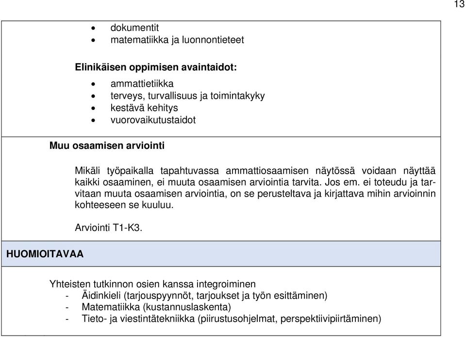 ei toteudu ja tarvitaan muuta osaamisen arviointia, on se perusteltava ja kirjattava mihin arvioinnin kohteeseen se kuuluu. Arviointi T1-K3.