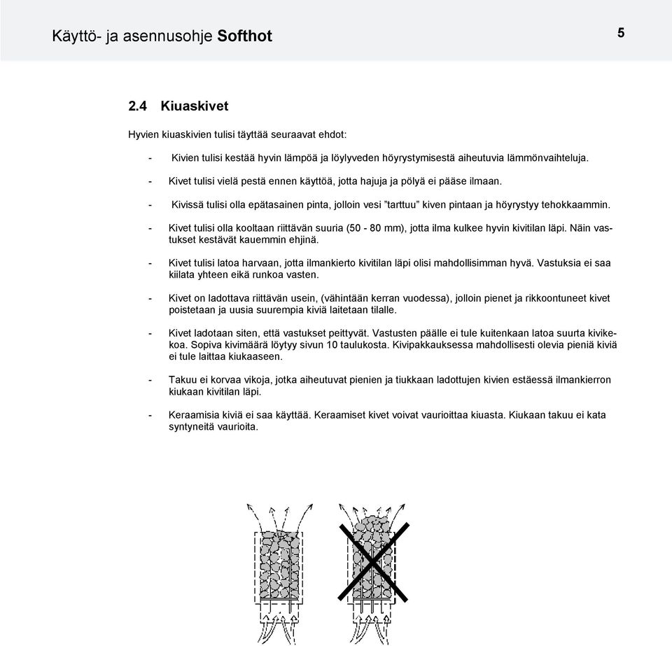 - Kivet tulisi olla kooltaan riittävän suuria (50-80 mm), jotta ilma kulkee hyvin kivitilan läpi. Näin vastukset kestävät kauemmin ehjinä.