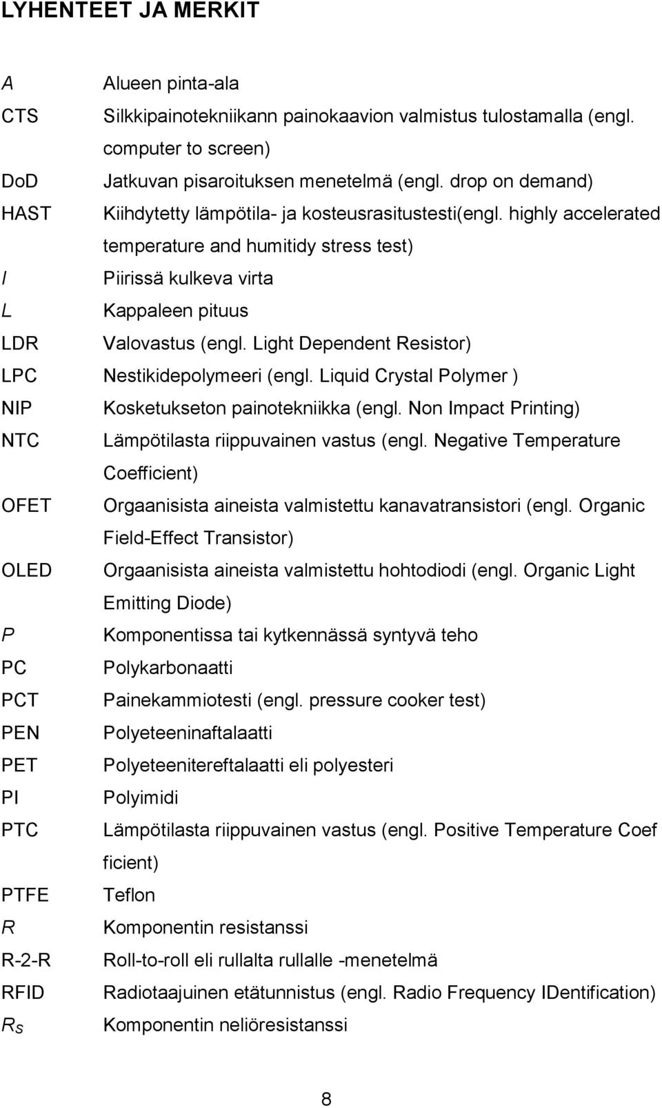 Light Dependent Resistor) LPC Nestikidepolymeeri (engl. Liquid Crystal Polymer ) NIP Kosketukseton painotekniikka (engl. Non Impact Printing) NTC Lämpötilasta riippuvainen vastus (engl.