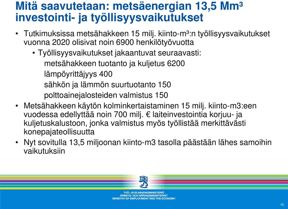 lämpöyrittäjyys 400 sähkön ja lämmön suurtuotanto 150 polttoainejalosteiden valmistus 150 Metsähakkeen käytön kolminkertaistaminen 15 milj.