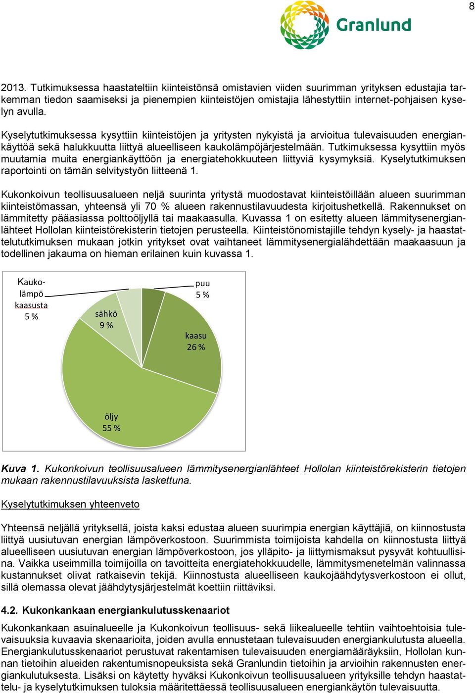 avulla. Kyselytutkimuksessa kysyttiin kiinteistöjen ja yritysten nykyistä ja arvioitua tulevaisuuden energiankäyttöä sekä halukkuutta liittyä alueelliseen kaukolämpöjärjestelmään.