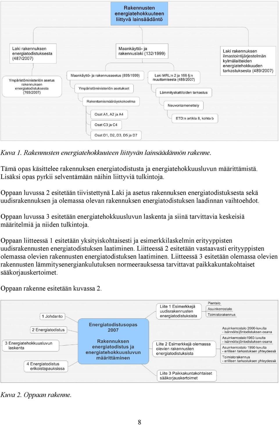 Oppaan luvussa 2 esitetään tiivistettynä Laki ja asetus rakennuksen energiatodistuksesta sekä uudisrakennuksen ja olemassa olevan rakennuksen energiatodistuksen laadinnan vaihtoehdot.