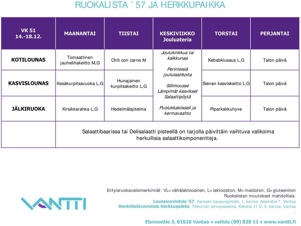 kurpitsakeitto LG Joulukinkkua tai kalkkunaa Perinteisiä joululaatikoita Sillimousse Lämpimät kasvikset Salaattipöytä Kebabkiusaus LG Sienan