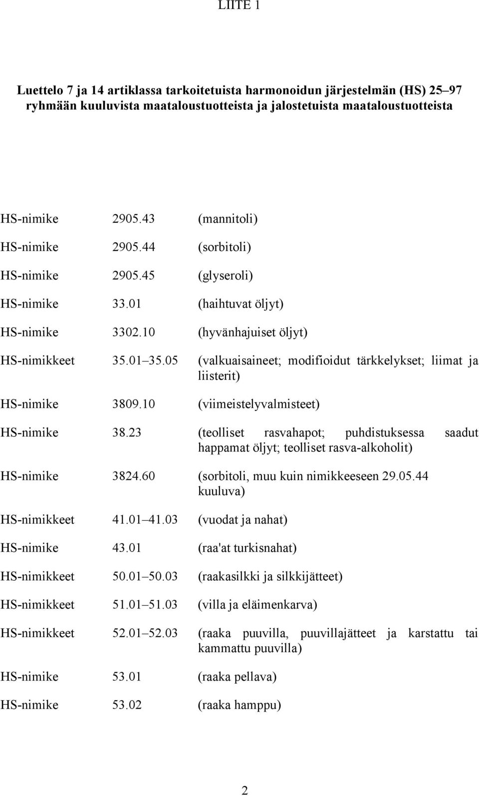 05 (valkuaisaineet; modifioidut tärkkelykset; liimat ja liisterit) HS-nimike 3809.10 (viimeistelyvalmisteet) HS-nimike 38.