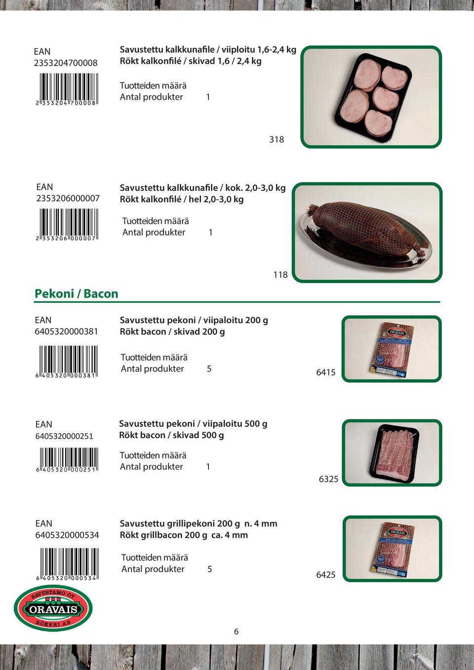 2,0-3,0 kg Rökt kalkonfilé / hel 2,0-3,0 kg 8 Pekoni / Bacon 64032000038 6 40320 00038 Savustettu pekoni / viipaloitu 200 g Rökt