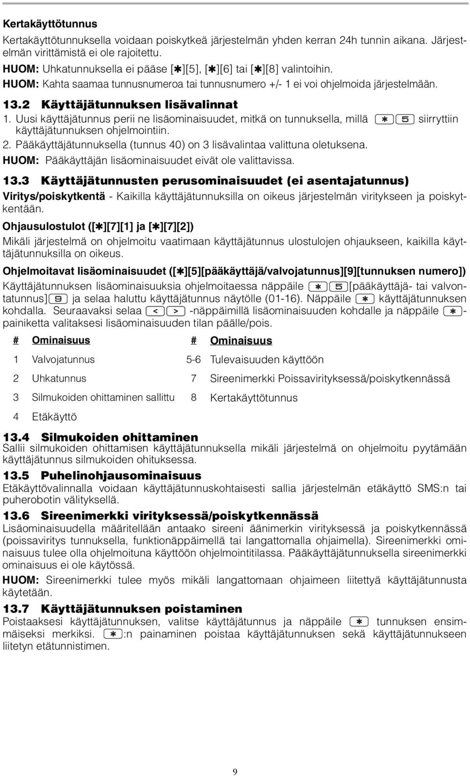 Uusi käyttäjätunnus perii ne lisäominaisuudet, mitkä on tunnuksella, millä siirryttiin käyttäjätunnuksen ohjelmointiin. 2. Pääkäyttäjätunnuksella (tunnus 40) on 3 lisävalintaa valittuna oletuksena.