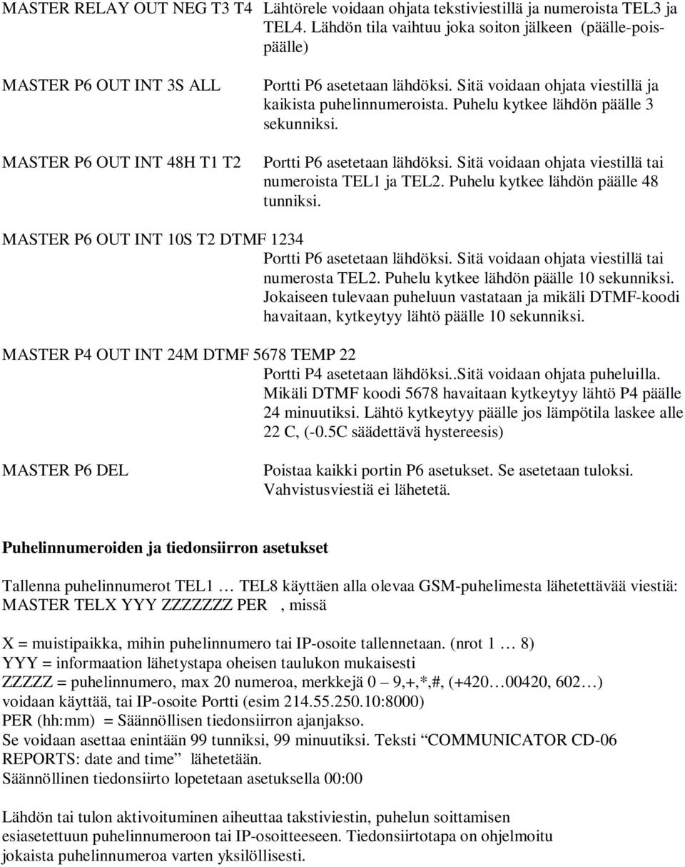 Sitä voidaan ohjata viestillä ja kaikista puhelinnumeroista. Puhelu kytkee lähdön päälle 3 sekunniksi. Portti P6 asetetaan lähdöksi. Sitä voidaan ohjata viestillä tai numeroista TEL1 ja TEL2.