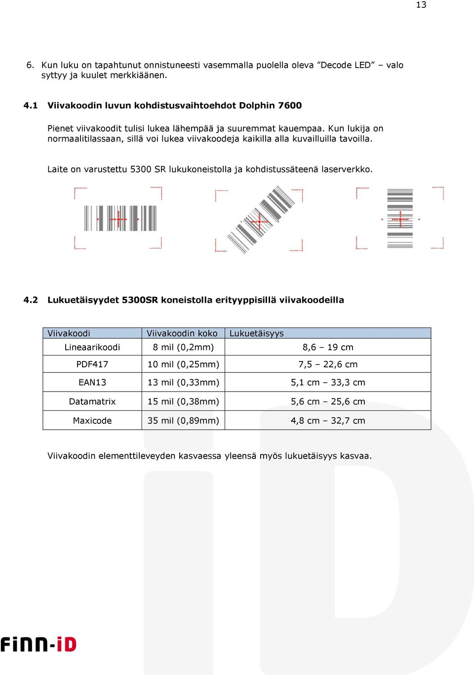 Kun lukija on normaalitilassaan, sillä voi lukea viivakoodeja kaikilla alla kuvailluilla tavoilla. Laite on varustettu 5300 SR lukukoneistolla ja kohdistussäteenä laserverkko. 4.