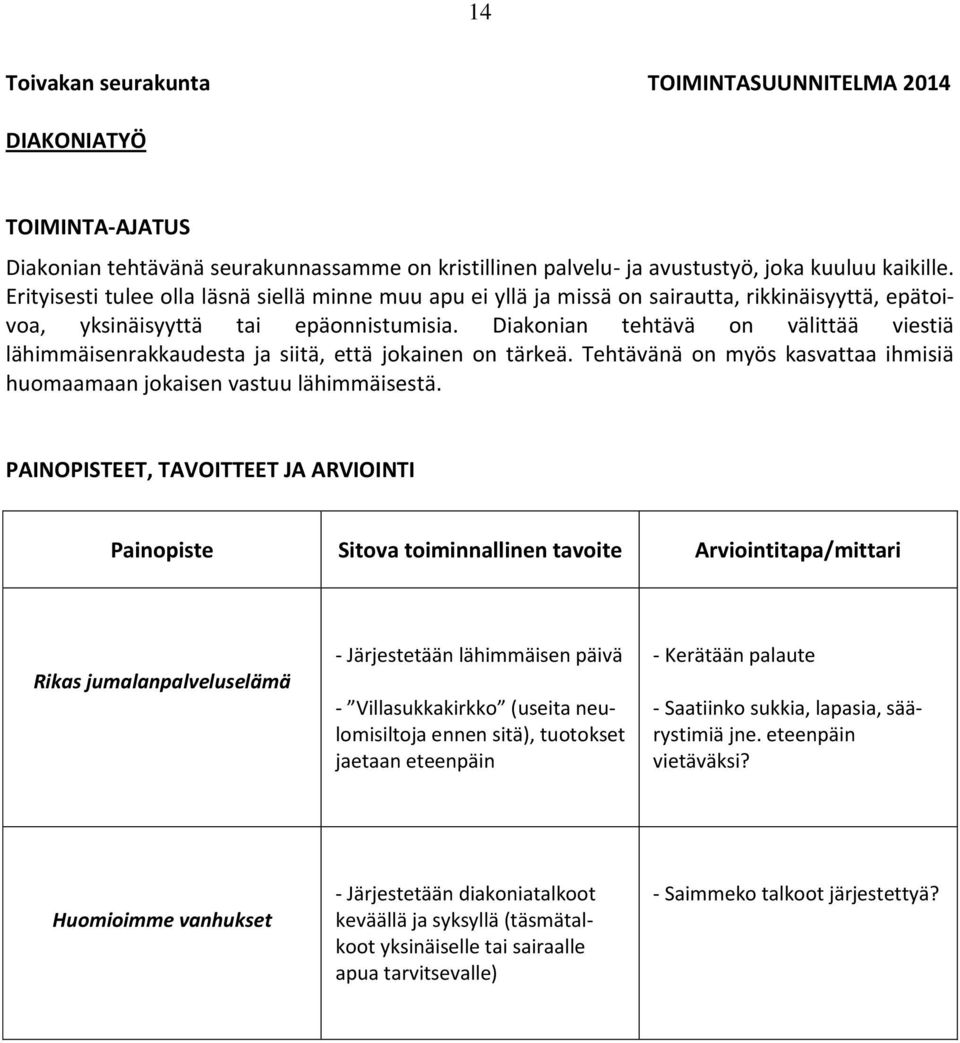 Diakonian tehtävä on välittää viestiä lähimmäisenrakkaudesta ja siitä, että jokainen on tärkeä. Tehtävänä on myös kasvattaa ihmisiä huomaamaan jokaisen vastuu lähimmäisestä.