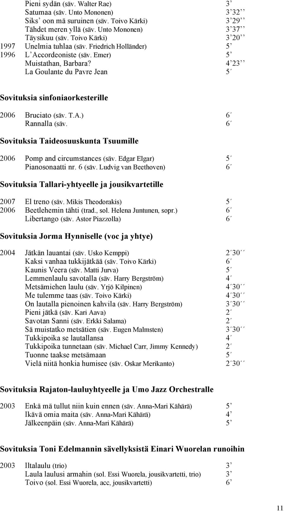 4 23 La Goulante du Pavre Jean 5 Sovituksia sinfoniaorkesterille 2006 Bruciato (säv. T.A.) 6 Rannalla (säv. 6 Sovituksia Taideosuuskunta Tsuumille 2006 Pomp and circumstances (säv.