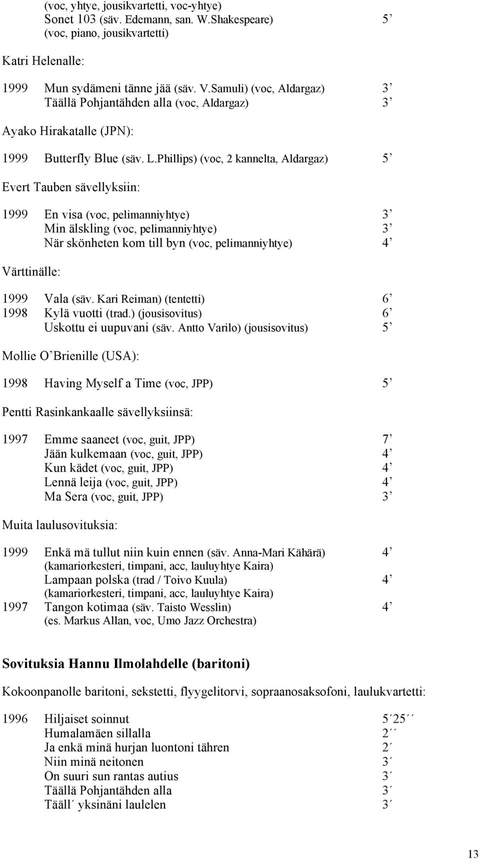 Phillips) (voc, 2 kannelta, Aldargaz) 5 Evert Tauben sävellyksiin: 1999 En visa (voc, pelimanniyhtye) 3 Min älskling (voc, pelimanniyhtye) 3 När skönheten kom till byn (voc, pelimanniyhtye) 4