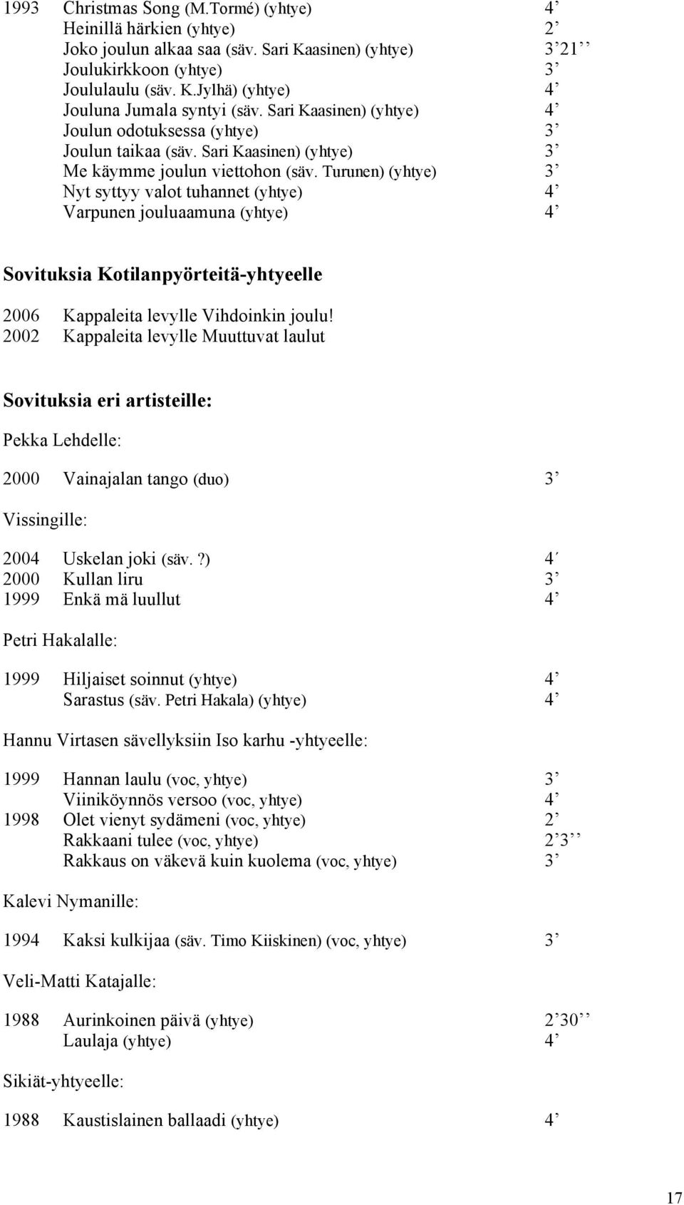 Turunen) (yhtye) 3 Nyt syttyy valot tuhannet (yhtye) 4 Varpunen jouluaamuna (yhtye) 4 Sovituksia Kotilanpyörteitä-yhtyeelle 2006 Kappaleita levylle Vihdoinkin joulu!