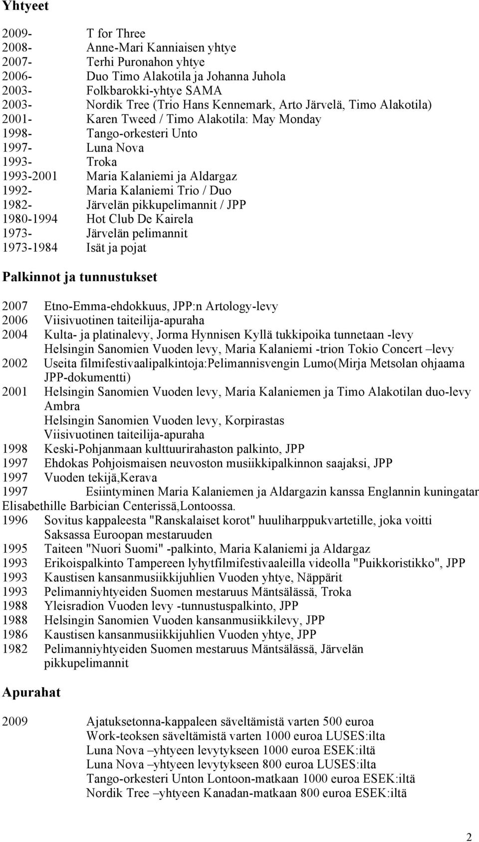 Duo 1982- Järvelän pikkupelimannit / JPP 1980-1994 Hot Club De Kairela 1973- Järvelän pelimannit 1973-1984 Isät ja pojat Palkinnot ja tunnustukset 2007 Etno-Emma-ehdokkuus, JPP:n Artology-levy 2006