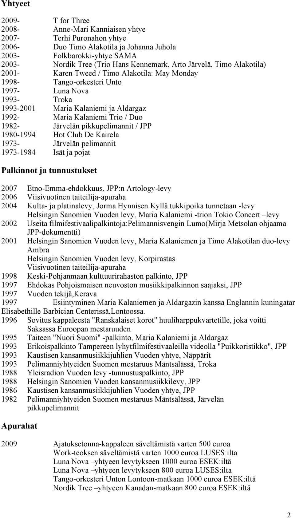 Duo 1982- Järvelän pikkupelimannit / JPP 1980-1994 Hot Club De Kairela 1973- Järvelän pelimannit 1973-1984 Isät ja pojat Palkinnot ja tunnustukset 2007 Etno-Emma-ehdokkuus, JPP:n Artology-levy 2006