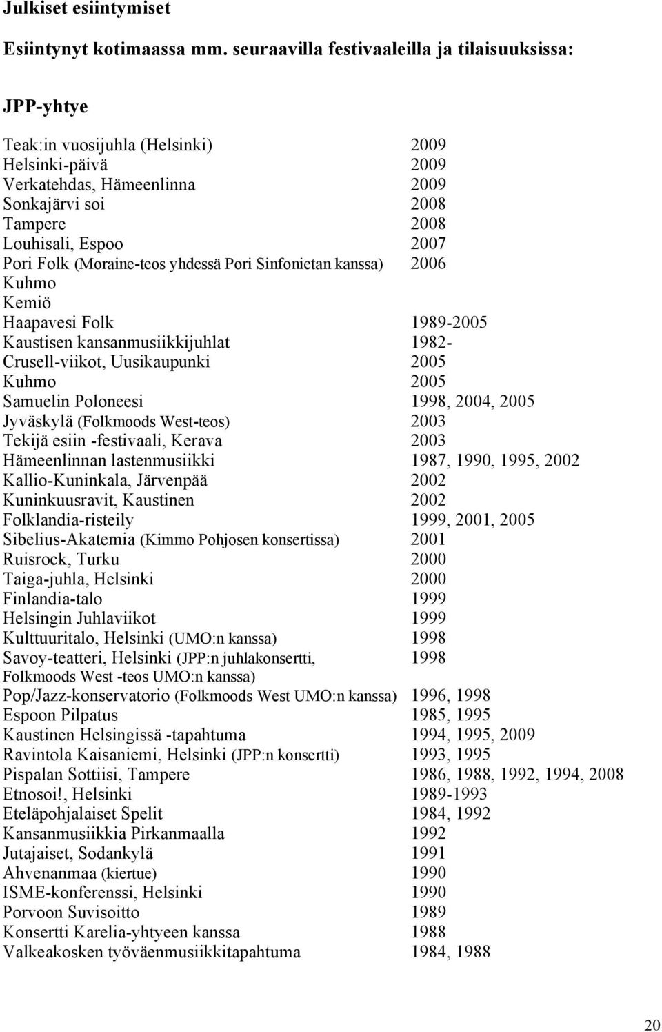 Pori Folk (Moraine-teos yhdessä Pori Sinfonietan kanssa) 2006 Kuhmo Kemiö Haapavesi Folk 1989-2005 Kaustisen kansanmusiikkijuhlat 1982- Crusell-viikot, Uusikaupunki 2005 Kuhmo 2005 Samuelin Poloneesi