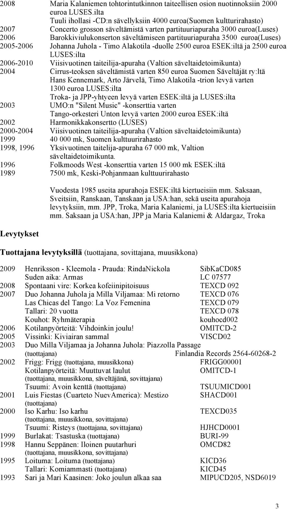 partituuriapuraha 3500 euroa(luses) 2005-2006 Johanna Juhola - Timo Alakotila -duolle 2500 euroa ESEK:iltä ja 2500 euroa LUSES:ilta 2006-2010 Viisivuotinen taiteilija-apuraha (Valtion