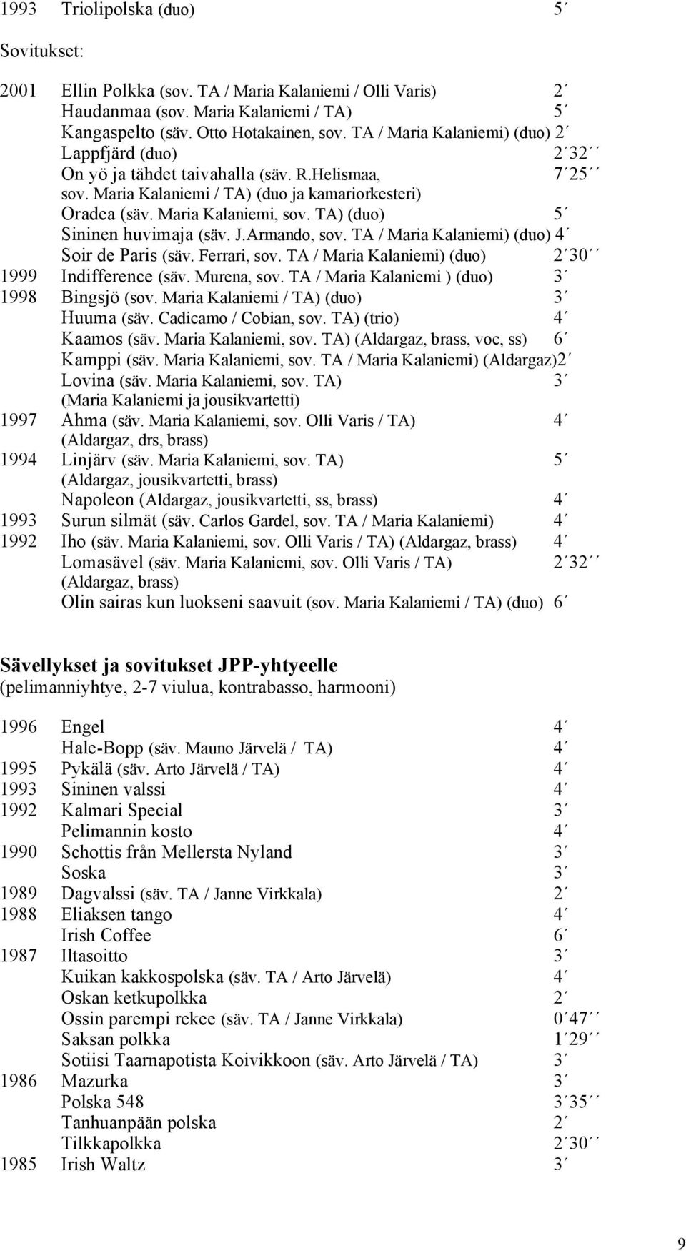 TA) (duo) 5 Sininen huvimaja (säv. J.Armando, sov. TA / Maria Kalaniemi) (duo) 4 Soir de Paris (säv. Ferrari, sov. TA / Maria Kalaniemi) (duo) 2 30 1999 Indifference (säv. Murena, sov.