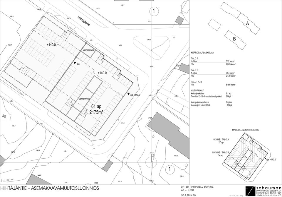 Autopaikkavaatimus Asuntojen lukumäärä ap/as ~8kpl MAHDOLLINEN VAIHEISTUS 8 7 I-VAIHE / TALO A