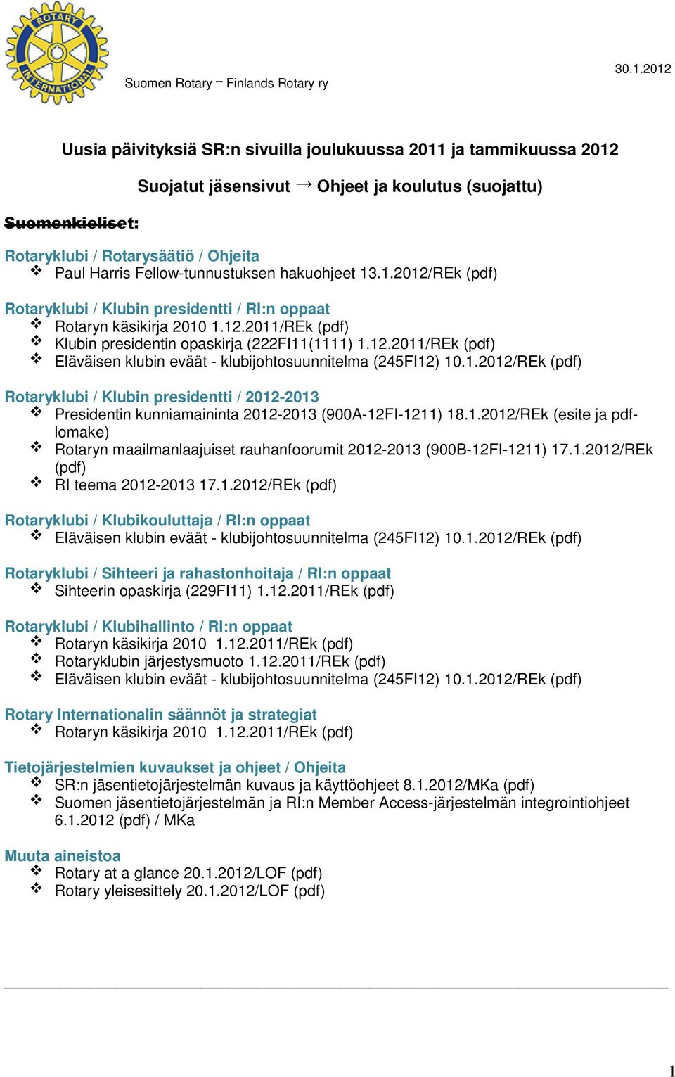 Fellow-tunnustuksen hakuohjeet 1.1.01/REk (pdf) Rotaryklubi / Klubin presidentti / RI:n oppaat Rotaryn käsikirja 010 1.1.011/REk (pdf) Klubin presidentin opaskirja (FI11(1111) 1.1.011/REk (pdf) Eläväisen klubin eväät - klubijohtosuunnitelma (45FI1) 10.