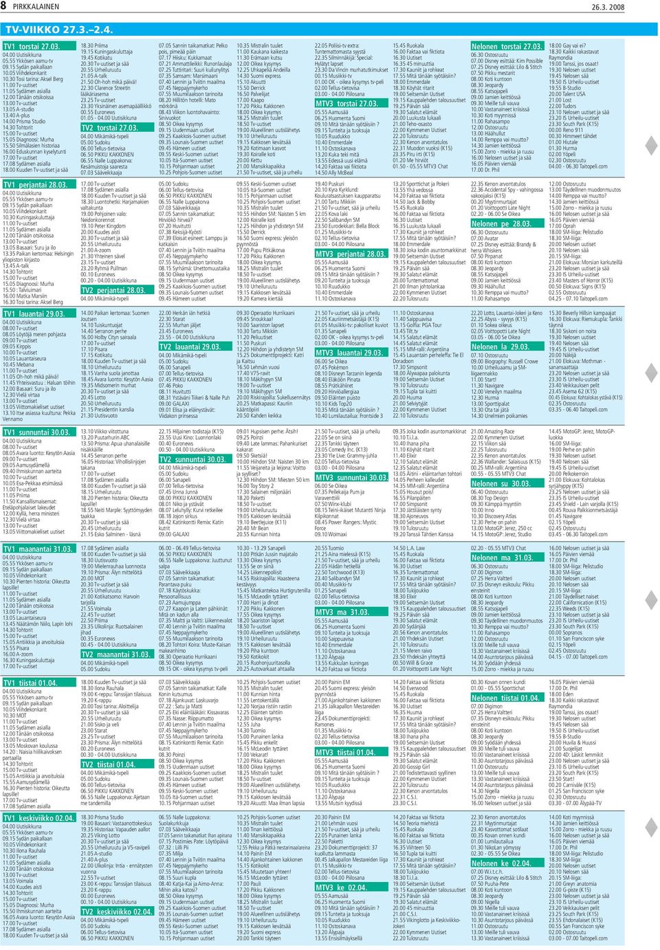 08 Sydämen asialla TV1 perjantai 28.03. 05.55 Ykkösen aamu-tv 09.15 Sydän paikallaan 10.05 Viihdekonkarit 10.30 Kuningaskuluttaja 11.05 Sydämen asialla 12.00 Tänään otsikoissa 13.