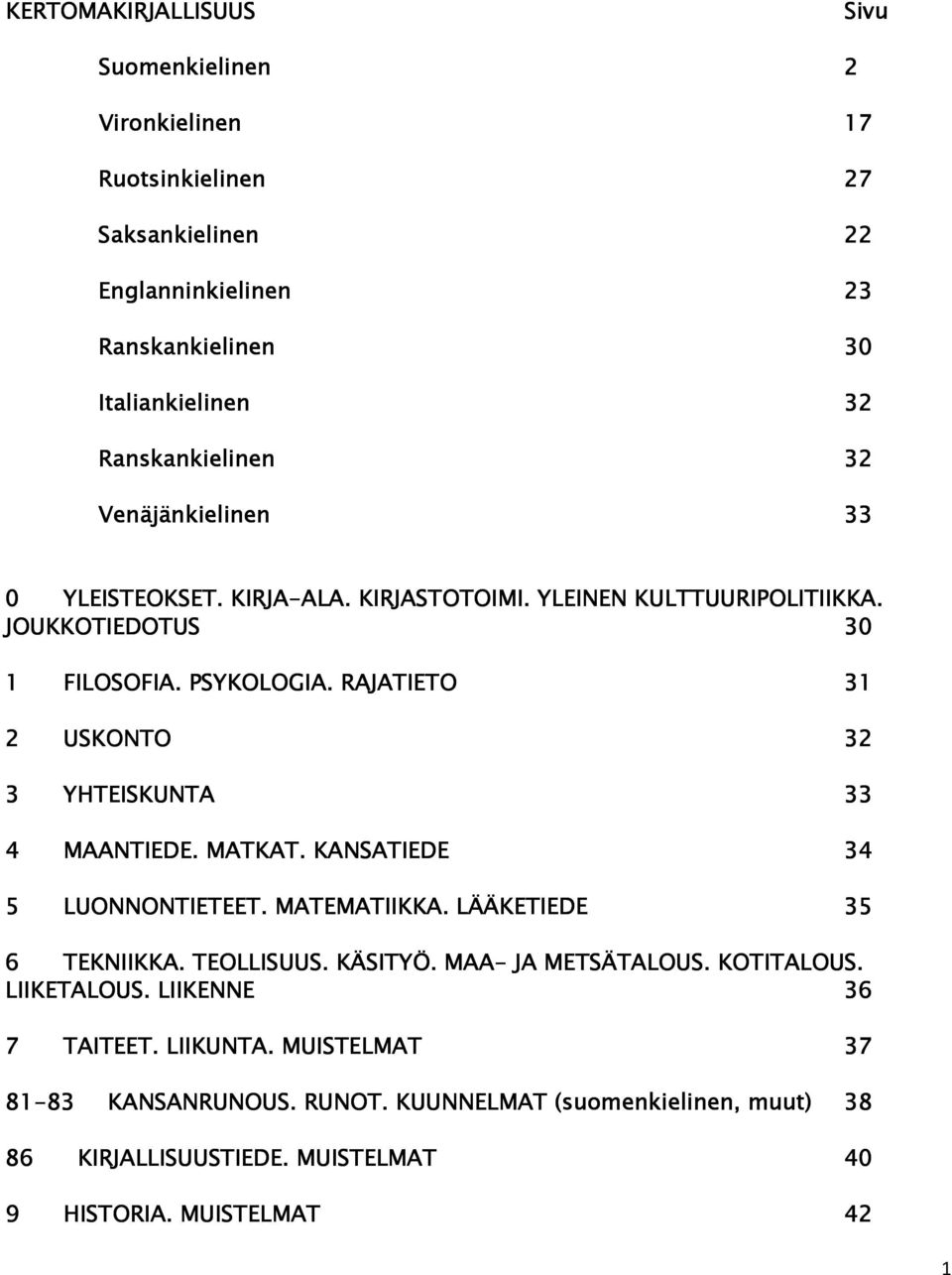 RAJATIETO 31 2 USKONTO 32 3 YHTEISKUNTA 33 4 MAANTIEDE. MATKAT. KANSATIEDE 34 5 LUONNONTIETEET. MATEMATIIKKA. LÄÄKETIEDE 35 6 TEKNIIKKA. TEOLLISUUS. KÄSITYÖ.